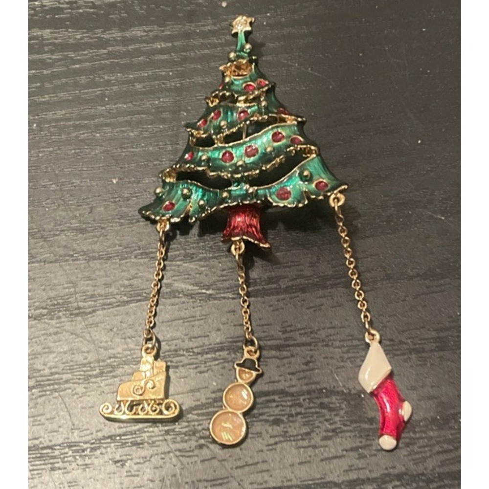 Vtg Enamel Christmas Tree Dangling Stockin Brooch Badge Pin Rhinestone Gold Tone